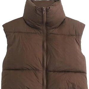 Women's Coffee High Neck Zipper Cropped Puffer Vest Jacket Coat Sz Large